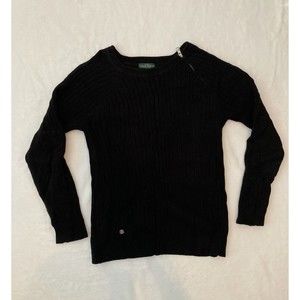 LRL Lauren Jeans Co. Cable Knit Pullover Sweater Size Large Black Cotton Zipper